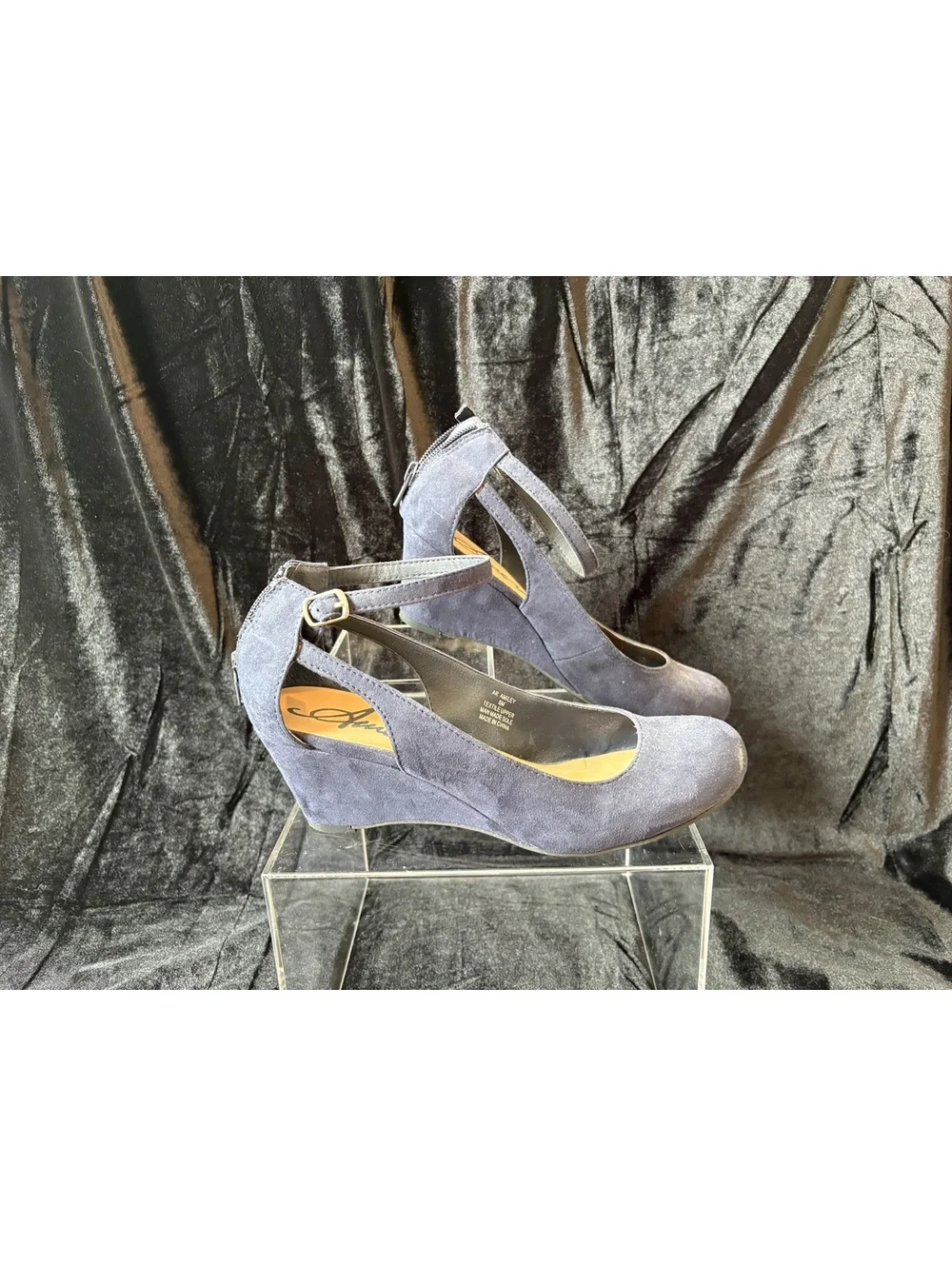 American Rag Gray Suede Ankle Strap Wedge Heels with Back Zipper